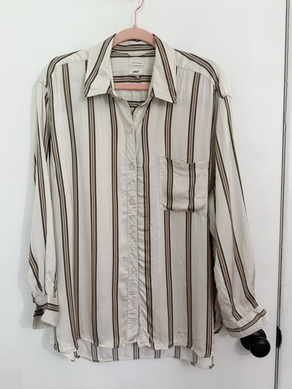 aerie Cream & Olive Striped Long Sleeve Satin PJ-To-Party Button Shirt sz Large - Picture 6 of 10